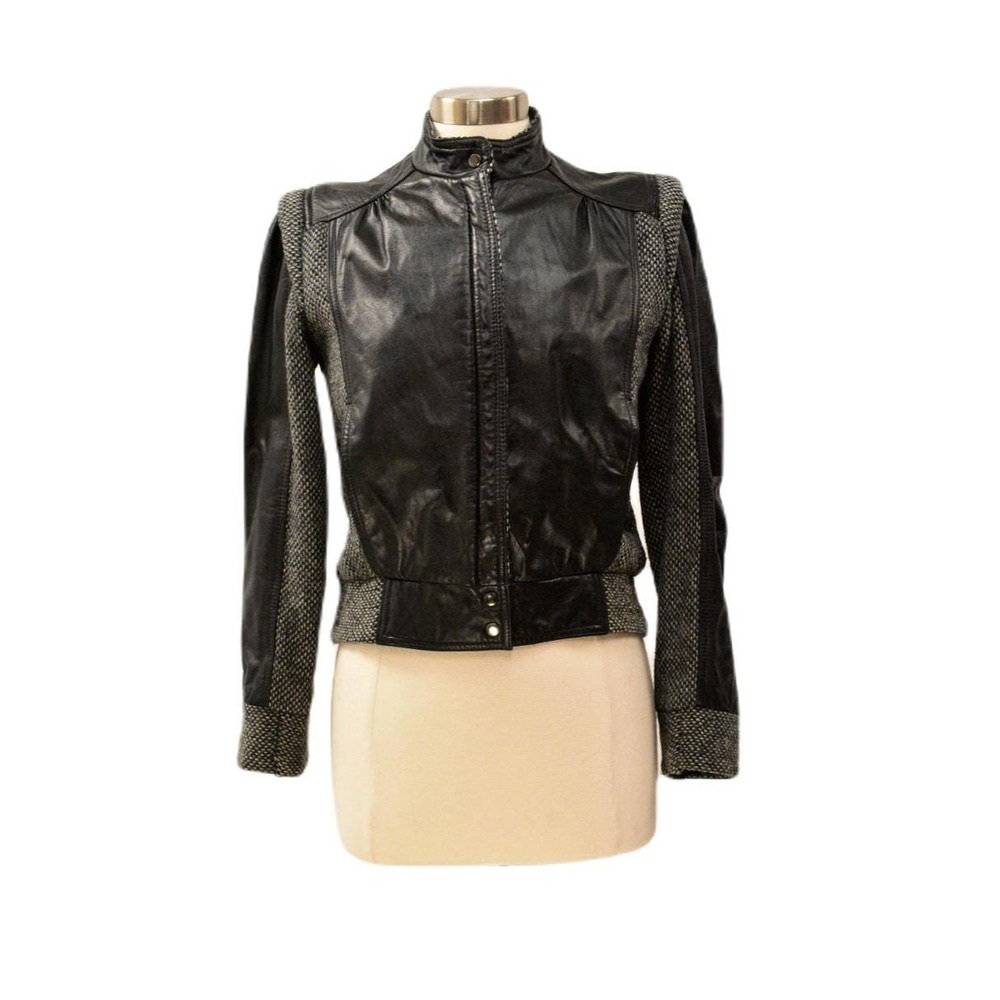 Vintage Textured Wool Knit & Leather jacket Size M Pointed New Age